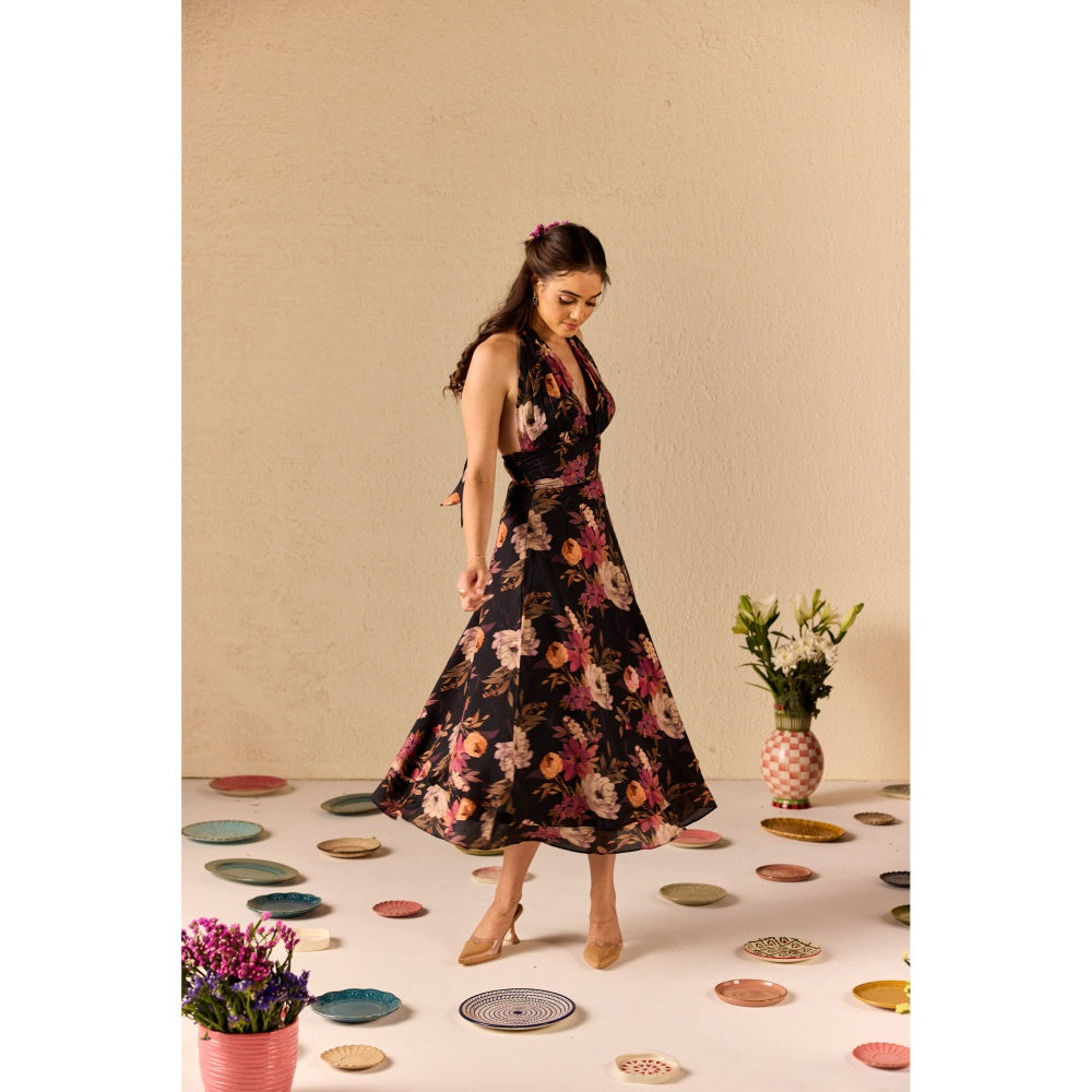 Old Marigold Fable Black Floral Halter neck Midi Dress