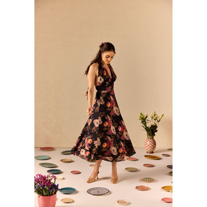 Old Marigold Fable Black Floral Halter neck Midi Dress