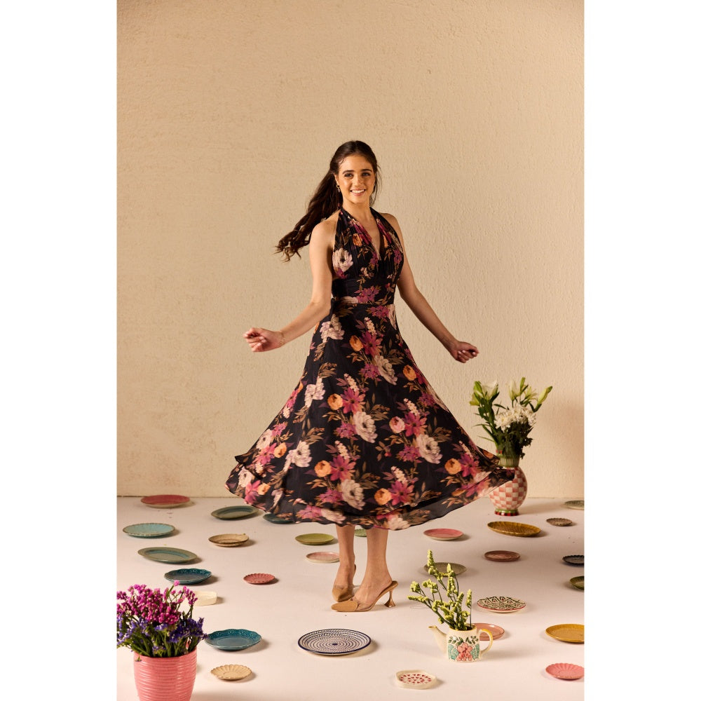 Old Marigold Fable Black Floral Halter neck Midi Dress