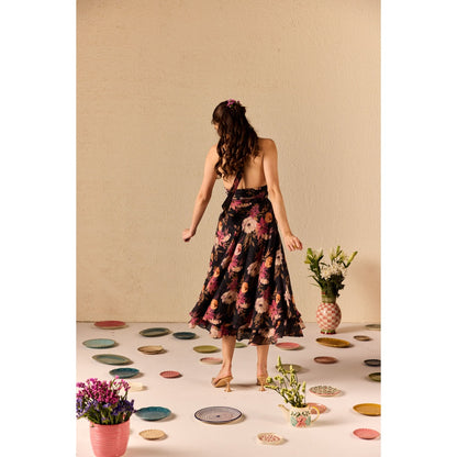 Old Marigold Fable Black Floral Halter neck Midi Dress