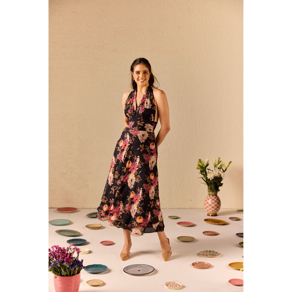 Old Marigold Fable Black Floral Halter neck Midi Dress