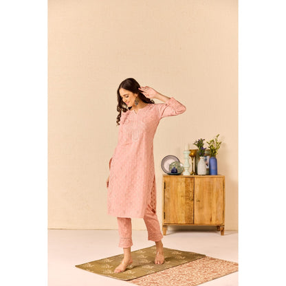 Old Marigold Zimal Dusty Pink Cotton Chikankari Kurta with Pant (Set of 2)