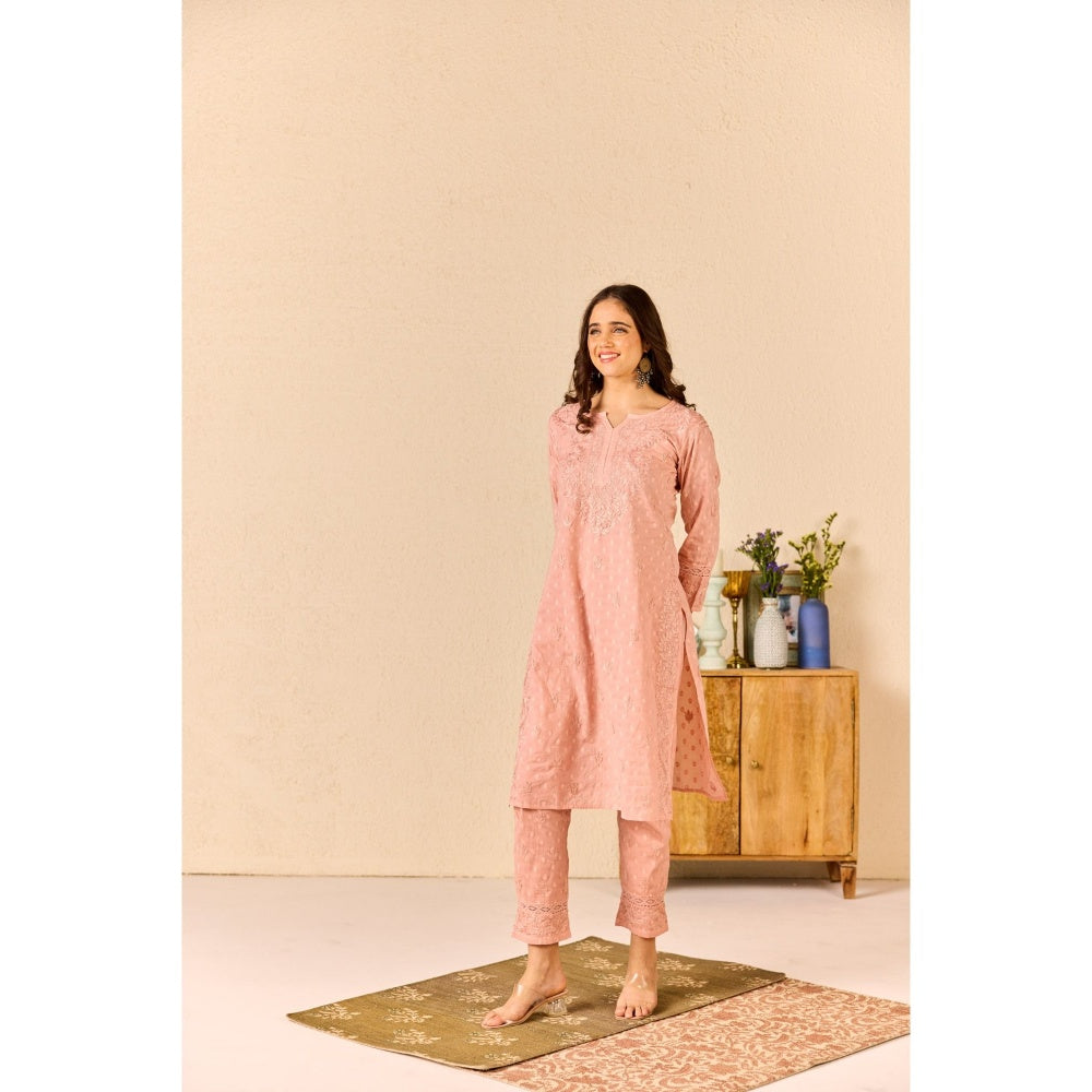 Old Marigold Zimal Dusty Pink Cotton Chikankari Kurta with Pant (Set of 2)