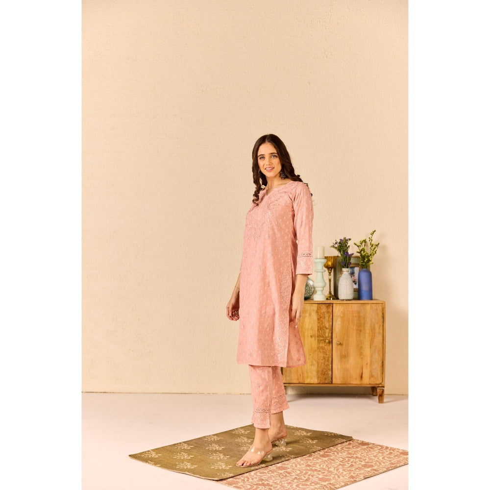 Old Marigold Zimal Dusty Pink Cotton Chikankari Kurta with Pant (Set of 2)