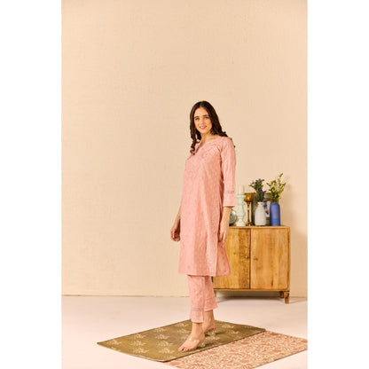 Old Marigold Zimal Dusty Pink Cotton Chikankari Kurta with Pant (Set of 2)