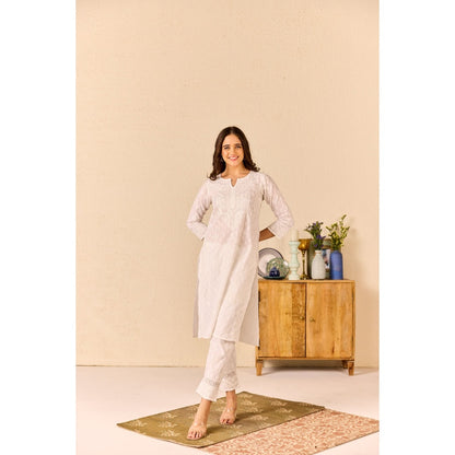Old Marigold Rimsha White Cotton Chikankari Kurta with Pant (Set of 2)