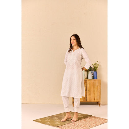 Old Marigold Rimsha White Cotton Chikankari Kurta with Pant (Set of 2)