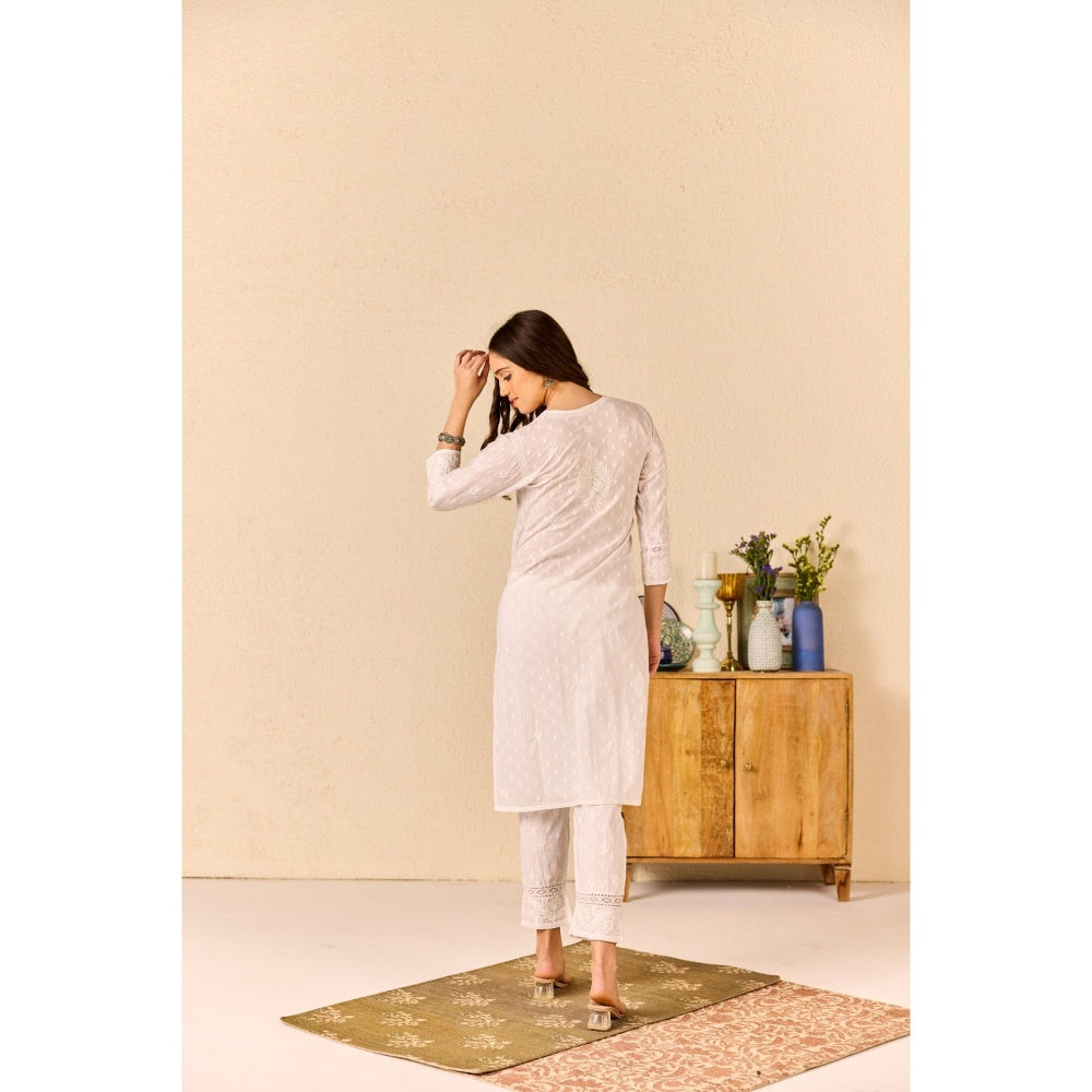 Old Marigold Rimsha White Cotton Chikankari Kurta with Pant (Set of 2)