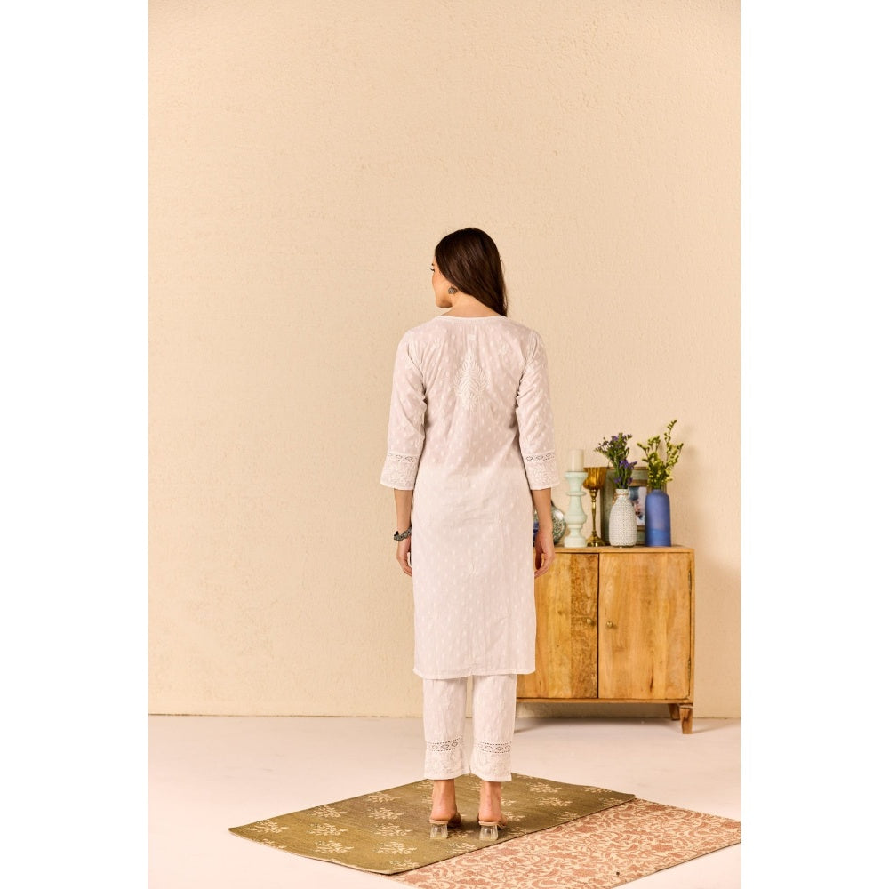 Old Marigold Rimsha White Cotton Chikankari Kurta with Pant (Set of 2)