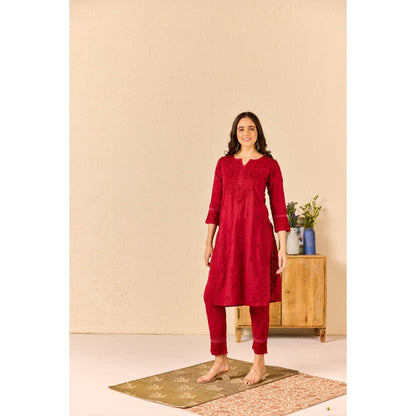 Old Marigold Tuba Red Cotton Chikankari Kurta with Pant (Set of 2)