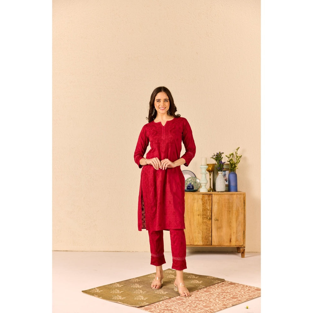 Old Marigold Tuba Red Cotton Chikankari Kurta with Pant (Set of 2)