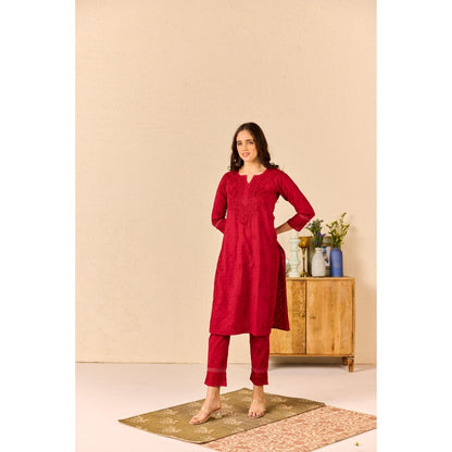 Old Marigold Tuba Red Cotton Chikankari Kurta with Pant (Set of 2)