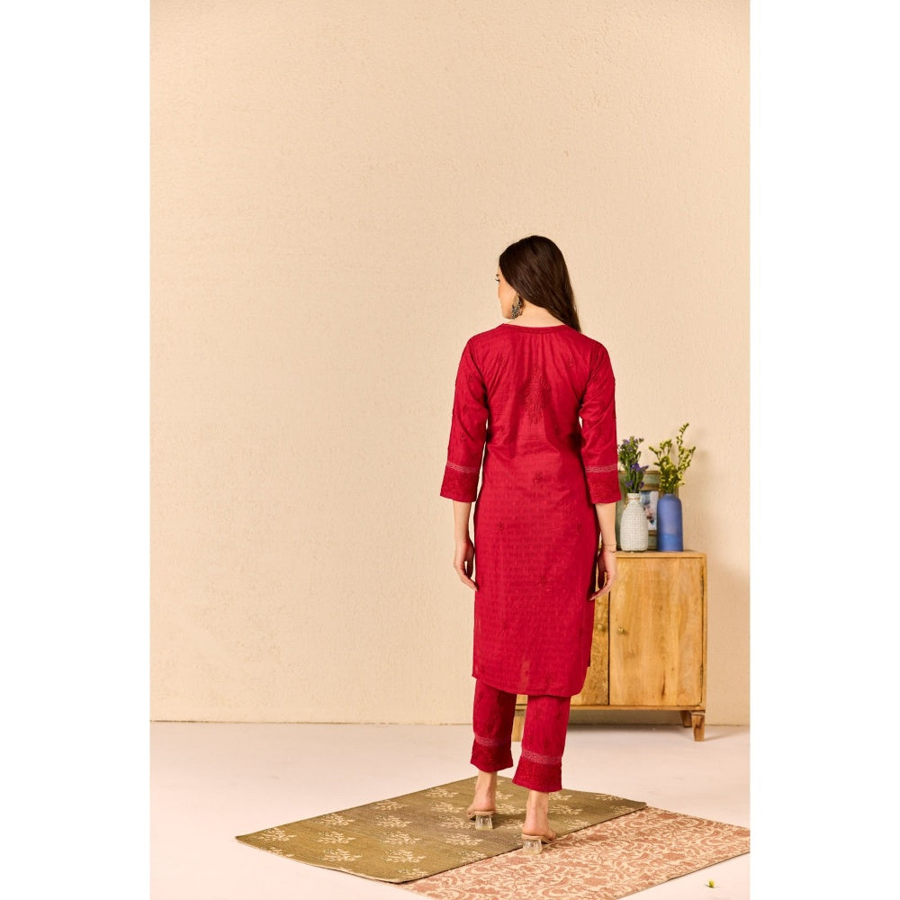 Old Marigold Tuba Red Cotton Chikankari Kurta with Pant (Set of 2)