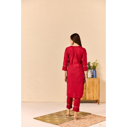 Old Marigold Tuba Red Cotton Chikankari Kurta with Pant (Set of 2)