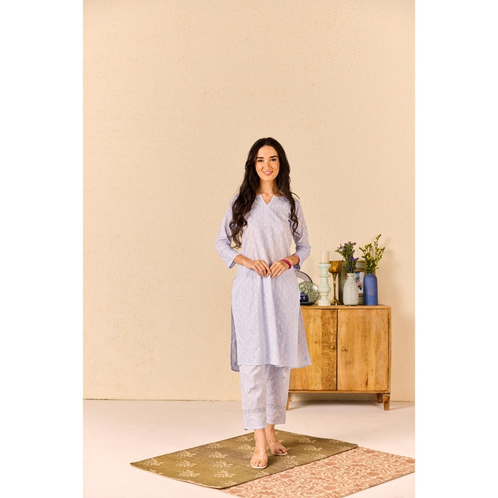 Old Marigold Suhana Powder Blue Cotton Chikankari Kurta with Pant (Set of 2)