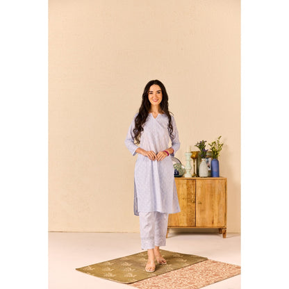 Old Marigold Suhana Powder Blue Cotton Chikankari Kurta with Pant (Set of 2)