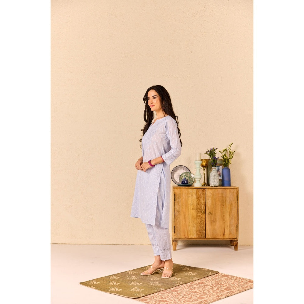 Old Marigold Suhana Powder Blue Cotton Chikankari Kurta with Pant (Set of 2)