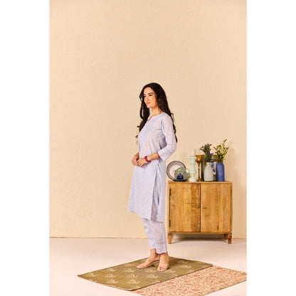 Old Marigold Suhana Powder Blue Cotton Chikankari Kurta with Pant (Set of 2)