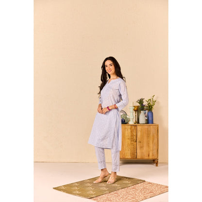 Old Marigold Suhana Powder Blue Cotton Chikankari Kurta with Pant (Set of 2)