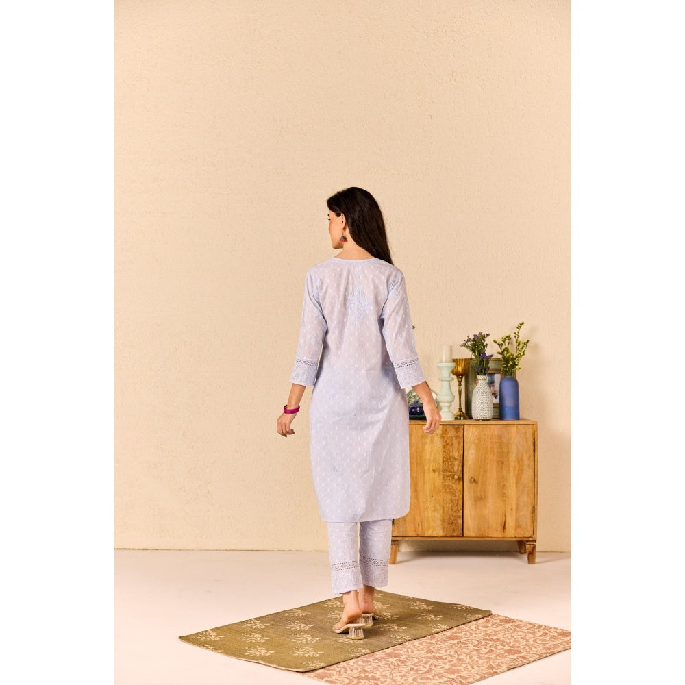 Old Marigold Suhana Powder Blue Cotton Chikankari Kurta with Pant (Set of 2)