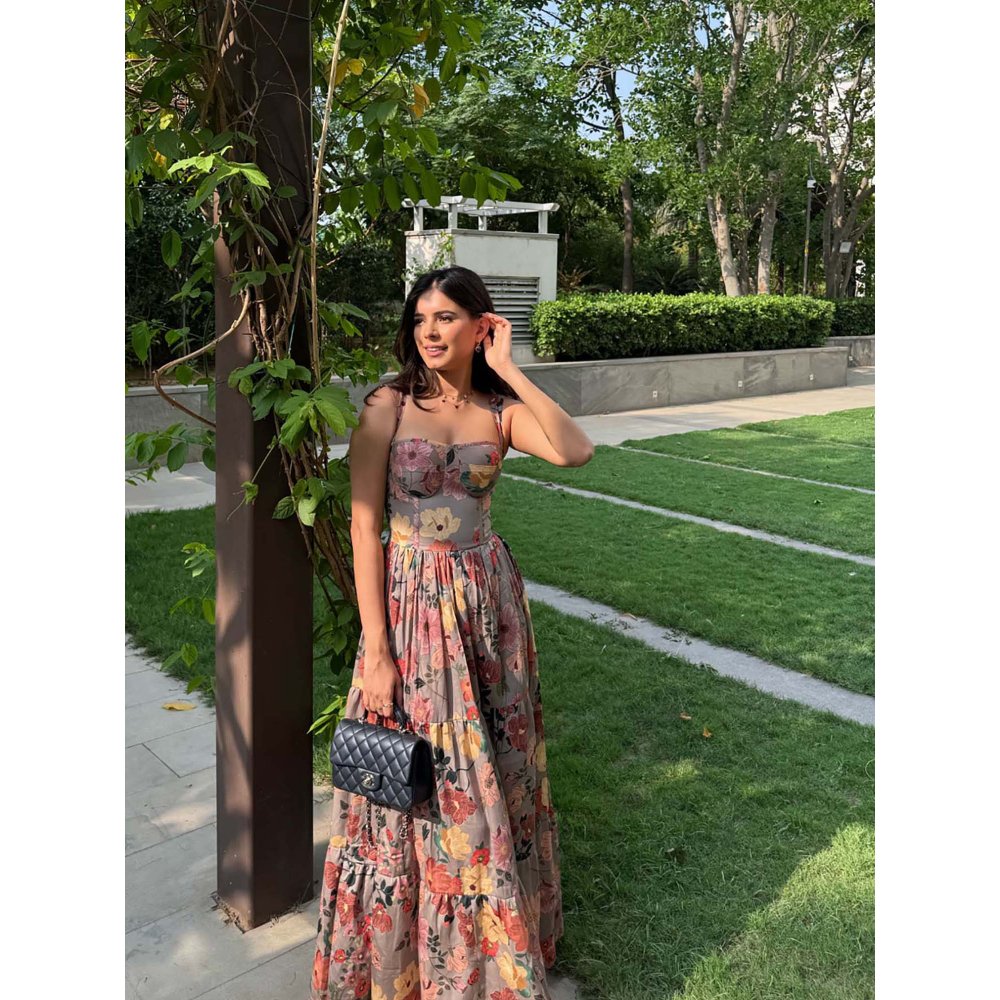 Old Marigold Georgia Floral Bustier Grey Maxi Dress