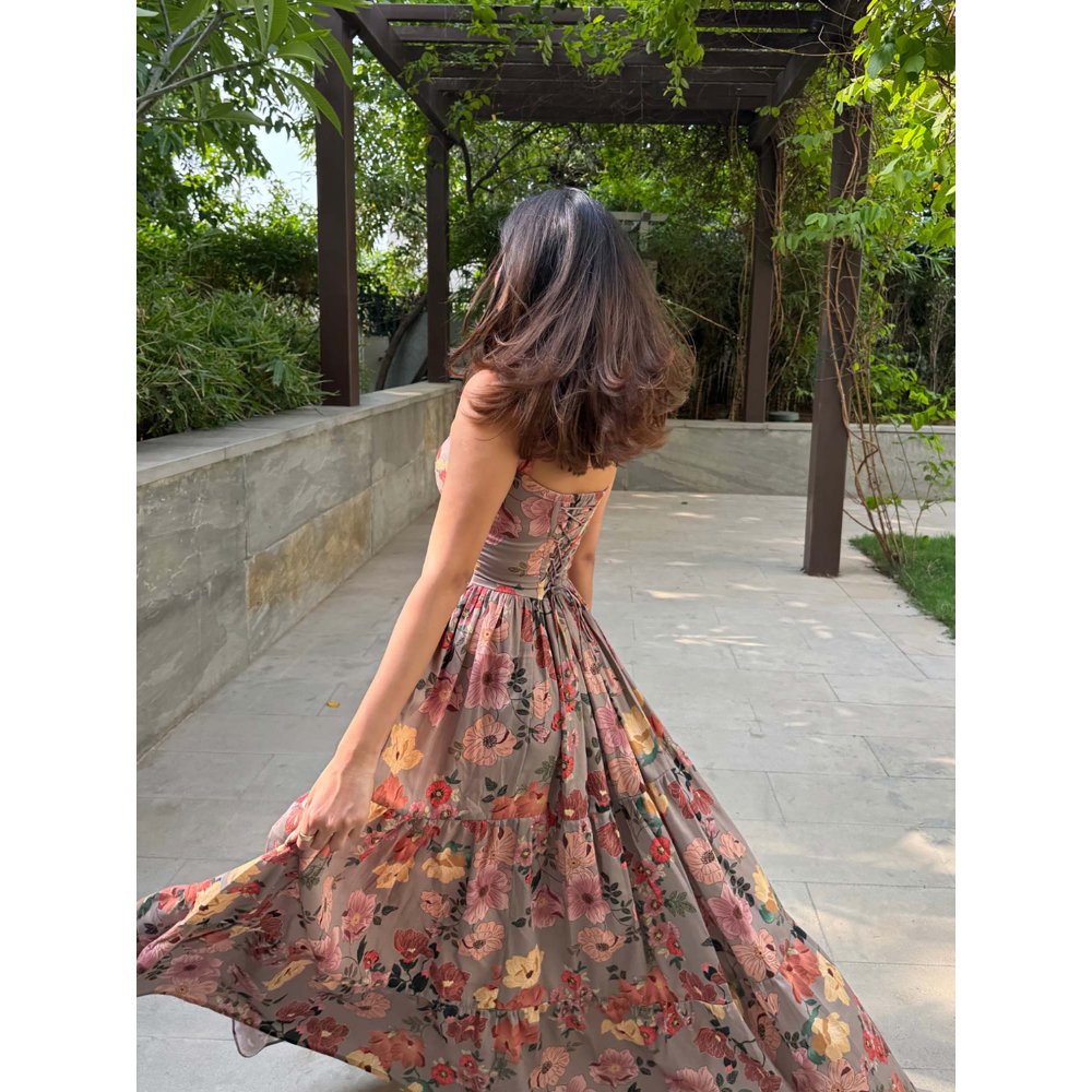Old Marigold Georgia Floral Bustier Grey Maxi Dress