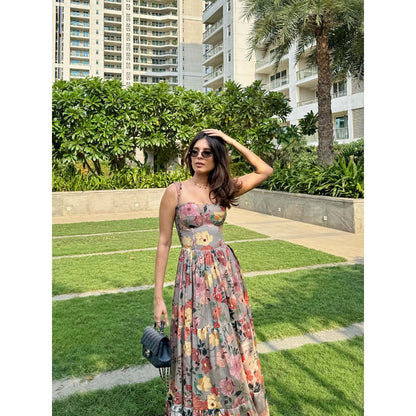 Old Marigold Georgia Floral Bustier Grey Maxi Dress