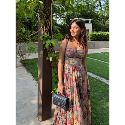 Old Marigold Georgia Floral Bustier Grey Maxi Dress