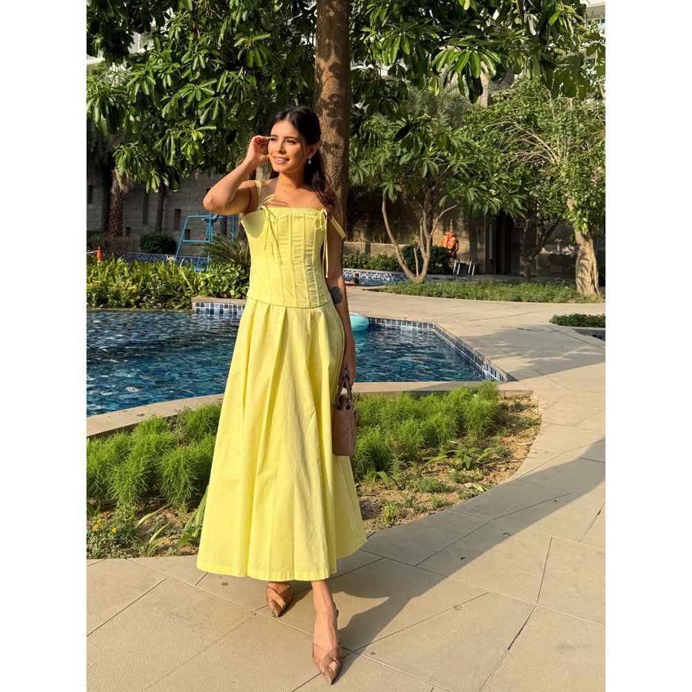 Old Marigold Positano Lemon Yellow Strapless Midi Dress With Corset Jacket (Set of 2)