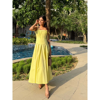 Old Marigold Positano Lemon Yellow Strapless Midi Dress With Corset Jacket (Set of 2)