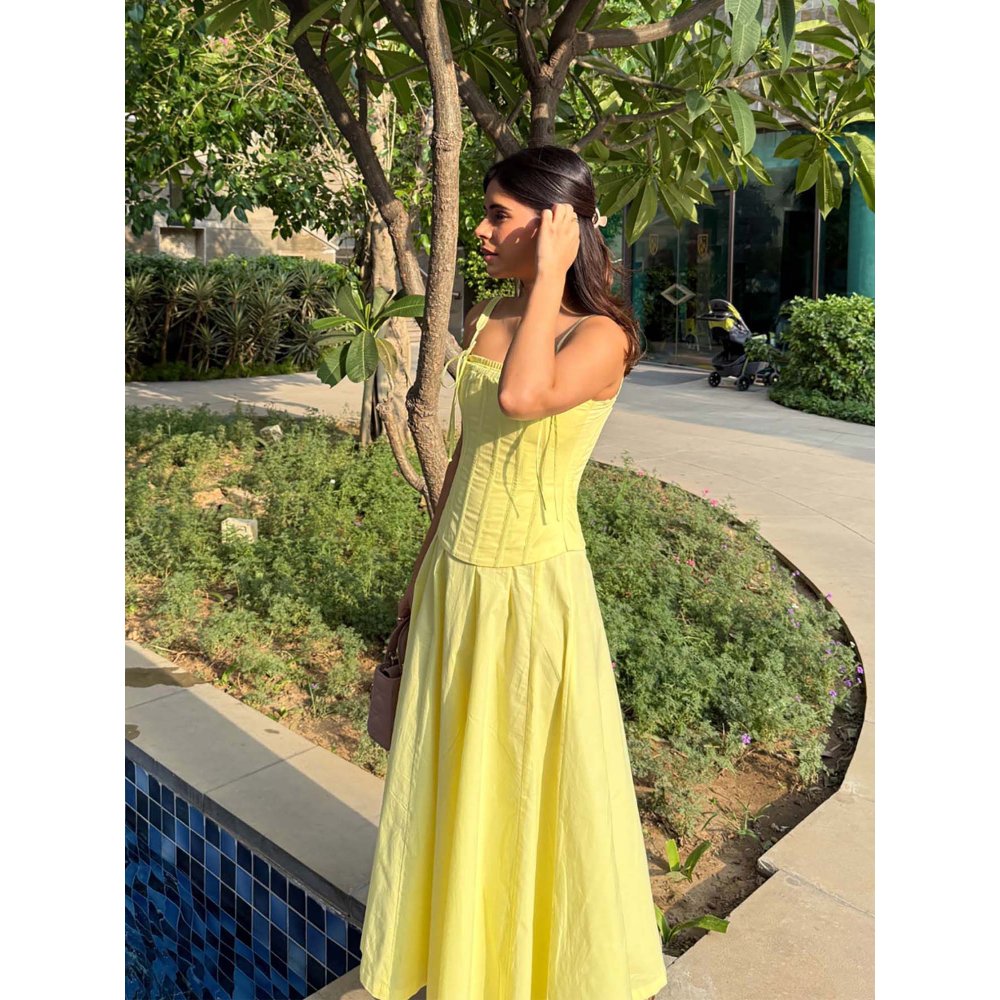 Old Marigold Positano Lemon Yellow Strapless Midi Dress With Corset Jacket (Set of 2)