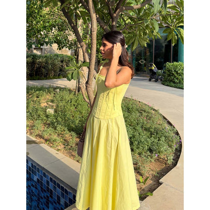 Old Marigold Positano Lemon Yellow Strapless Midi Dress With Corset Jacket (Set of 2)