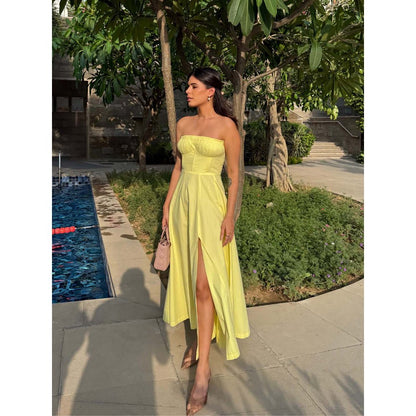 Old Marigold Positano Lemon Yellow Strapless Midi Dress With Corset Jacket (Set of 2)