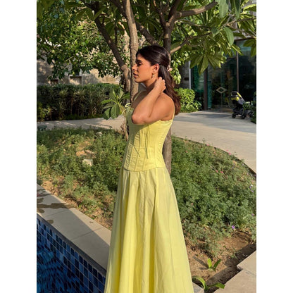 Old Marigold Positano Lemon Yellow Strapless Midi Dress With Corset Jacket (Set of 2)