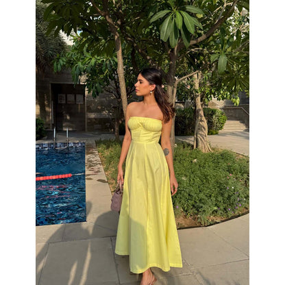 Old Marigold Sorrento Lemon Yellow Corset Tube Midi Dress