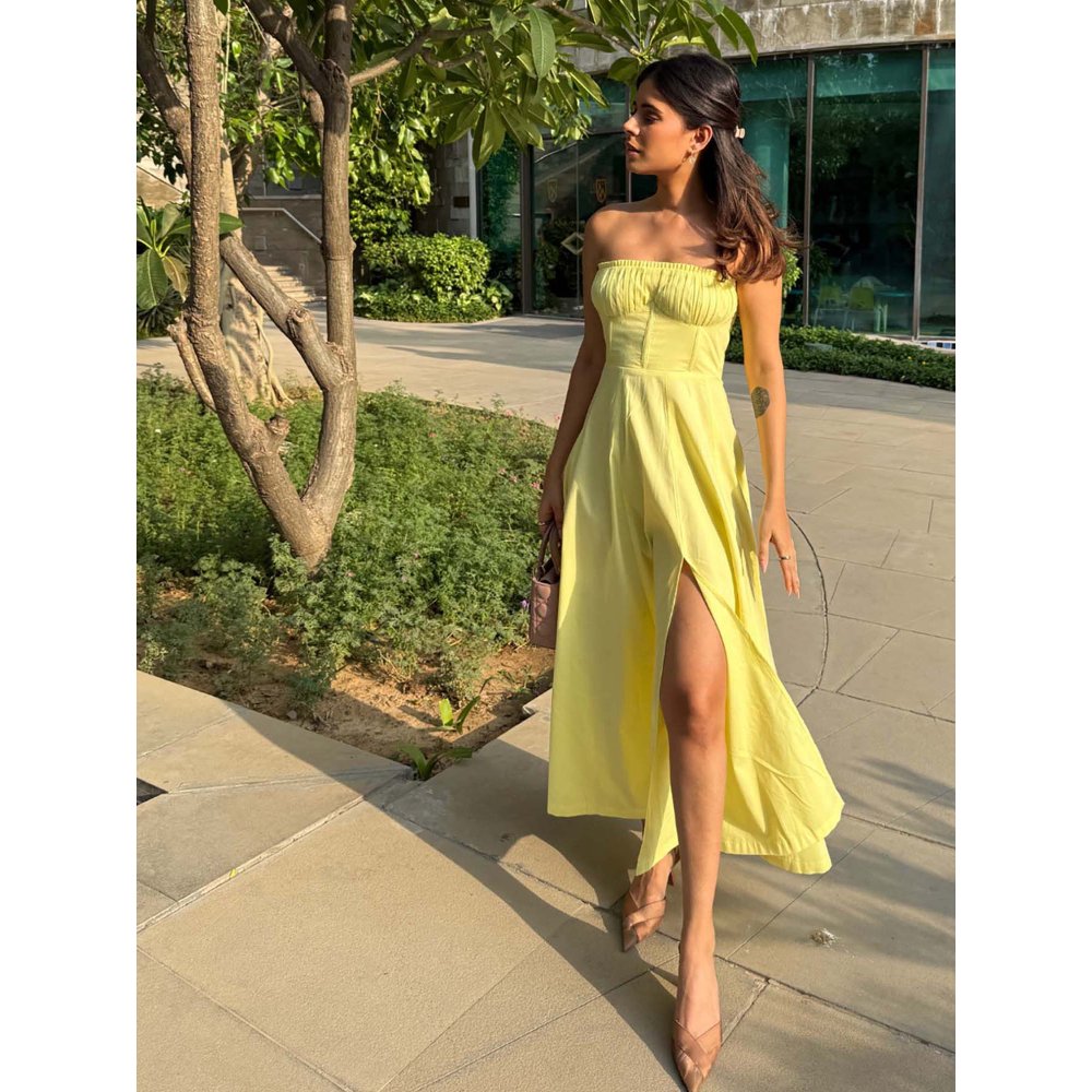 Old Marigold Sorrento Lemon Yellow Corset Tube Midi Dress