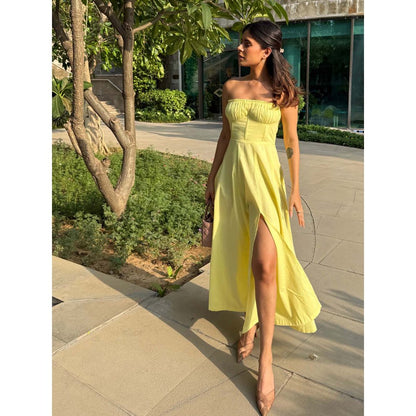 Old Marigold Sorrento Lemon Yellow Corset Tube Midi Dress