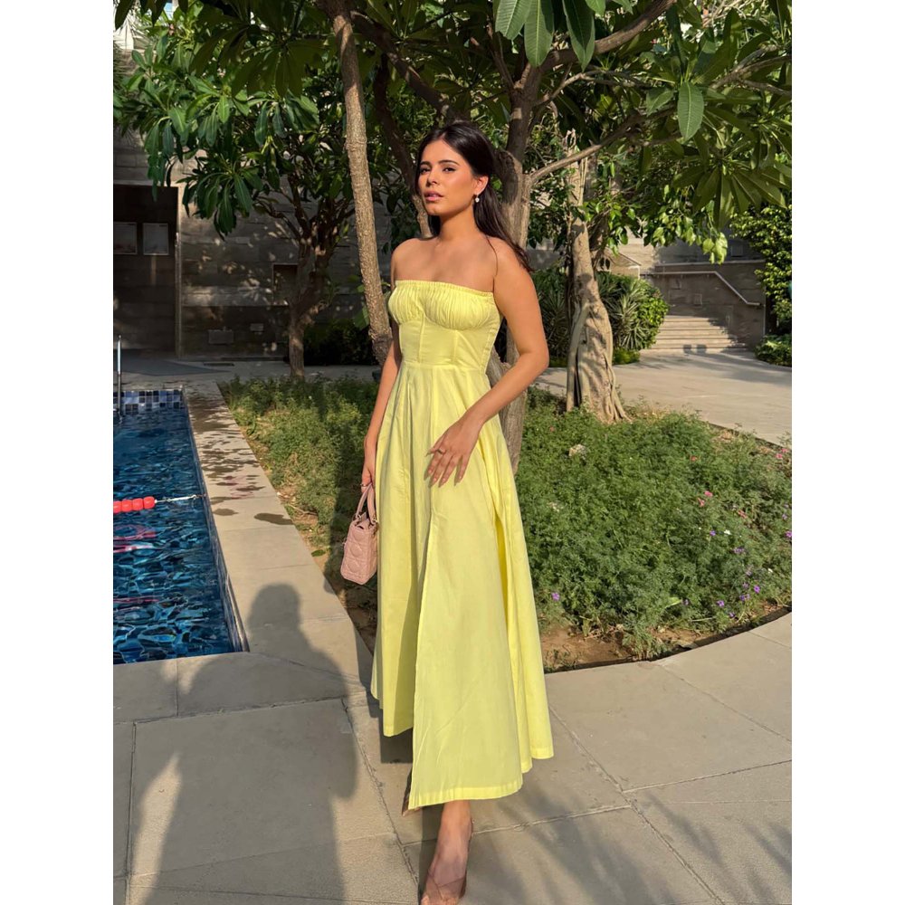 Old Marigold Sorrento Lemon Yellow Corset Tube Midi Dress