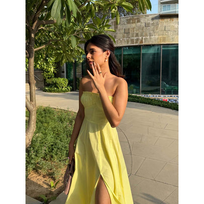 Old Marigold Sorrento Lemon Yellow Corset Tube Midi Dress
