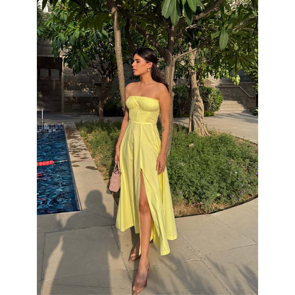Old Marigold Sorrento Lemon Yellow Corset Tube Midi Dress
