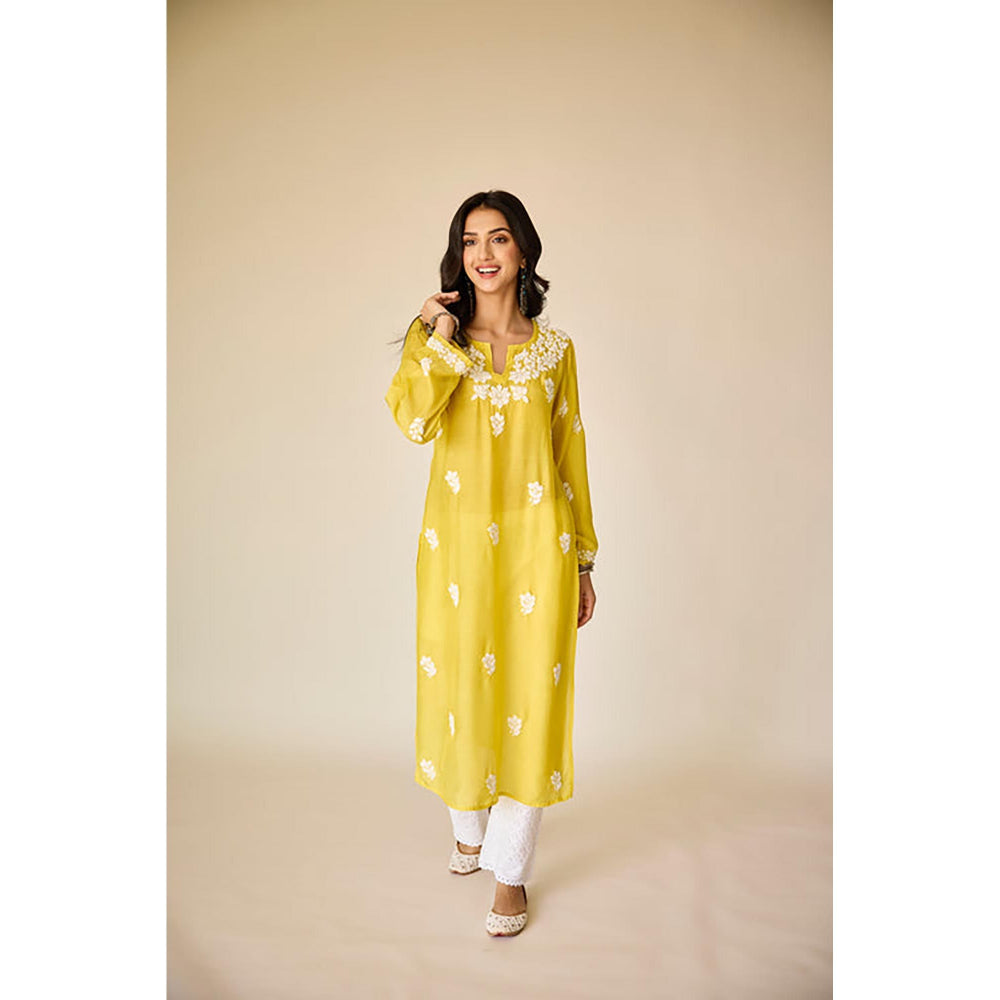 Old Marigold Sofiya Yellow Muslin Hand Embroidered Chikankari Kurta