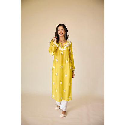 Old Marigold Sofiya Yellow Muslin Hand Embroidered Chikankari Kurta