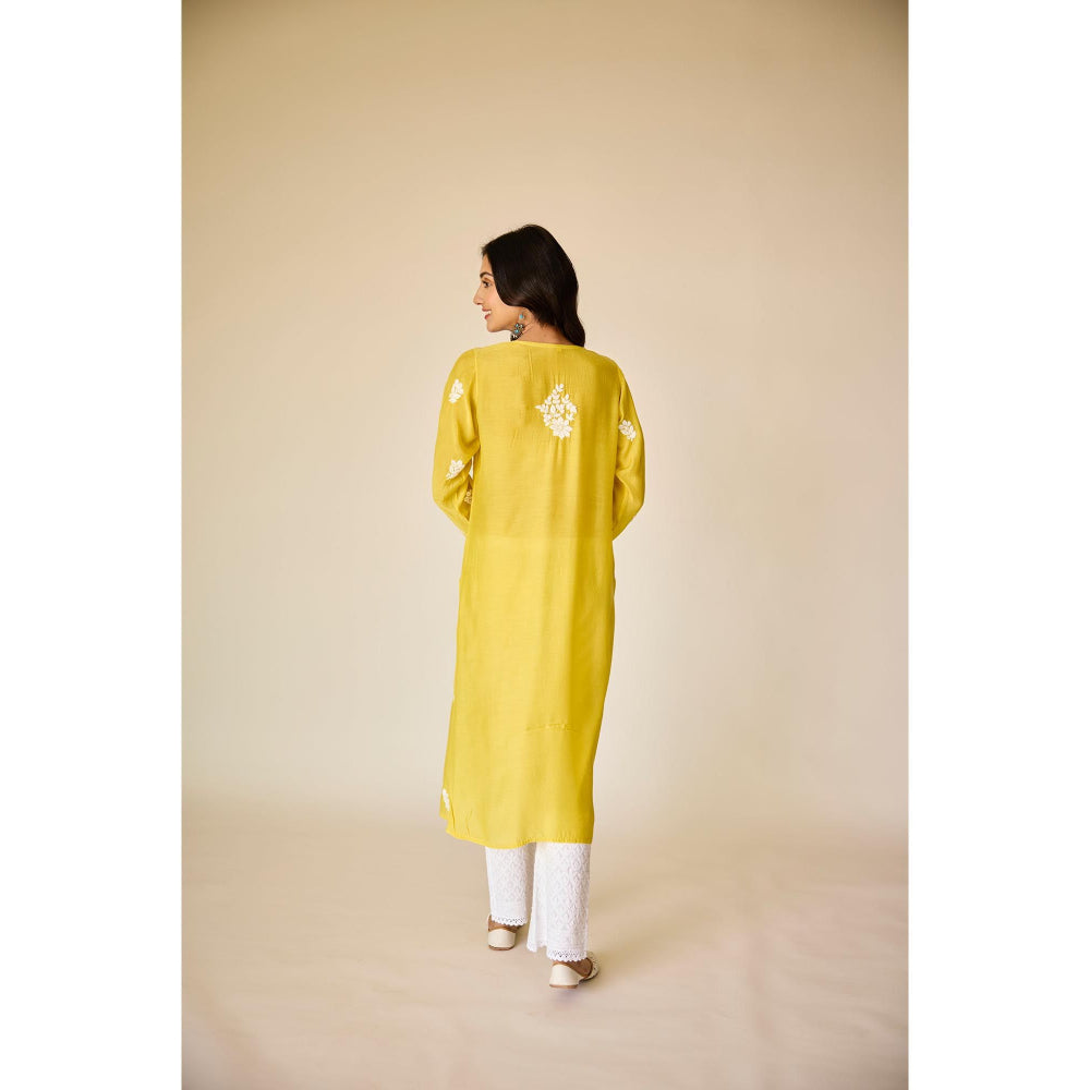 Old Marigold Sofiya Yellow Muslin Hand Embroidered Chikankari Kurta