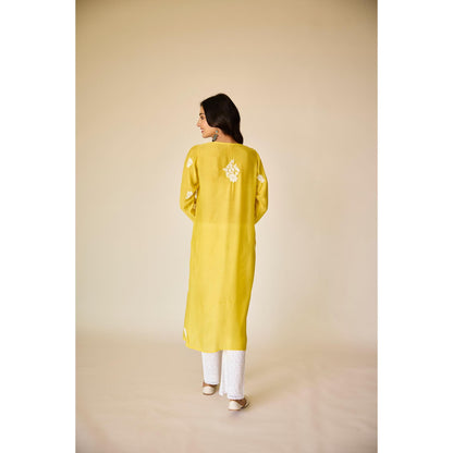 Old Marigold Sofiya Yellow Muslin Hand Embroidered Chikankari Kurta