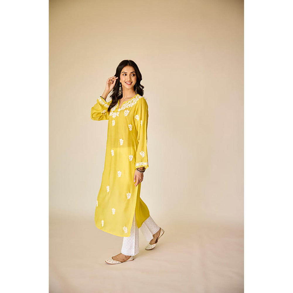 Old Marigold Sofiya Yellow Muslin Hand Embroidered Chikankari Kurta
