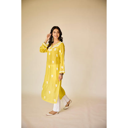 Old Marigold Sofiya Yellow Muslin Hand Embroidered Chikankari Kurta