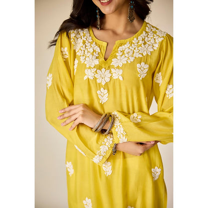 Old Marigold Sofiya Yellow Muslin Hand Embroidered Chikankari Kurta