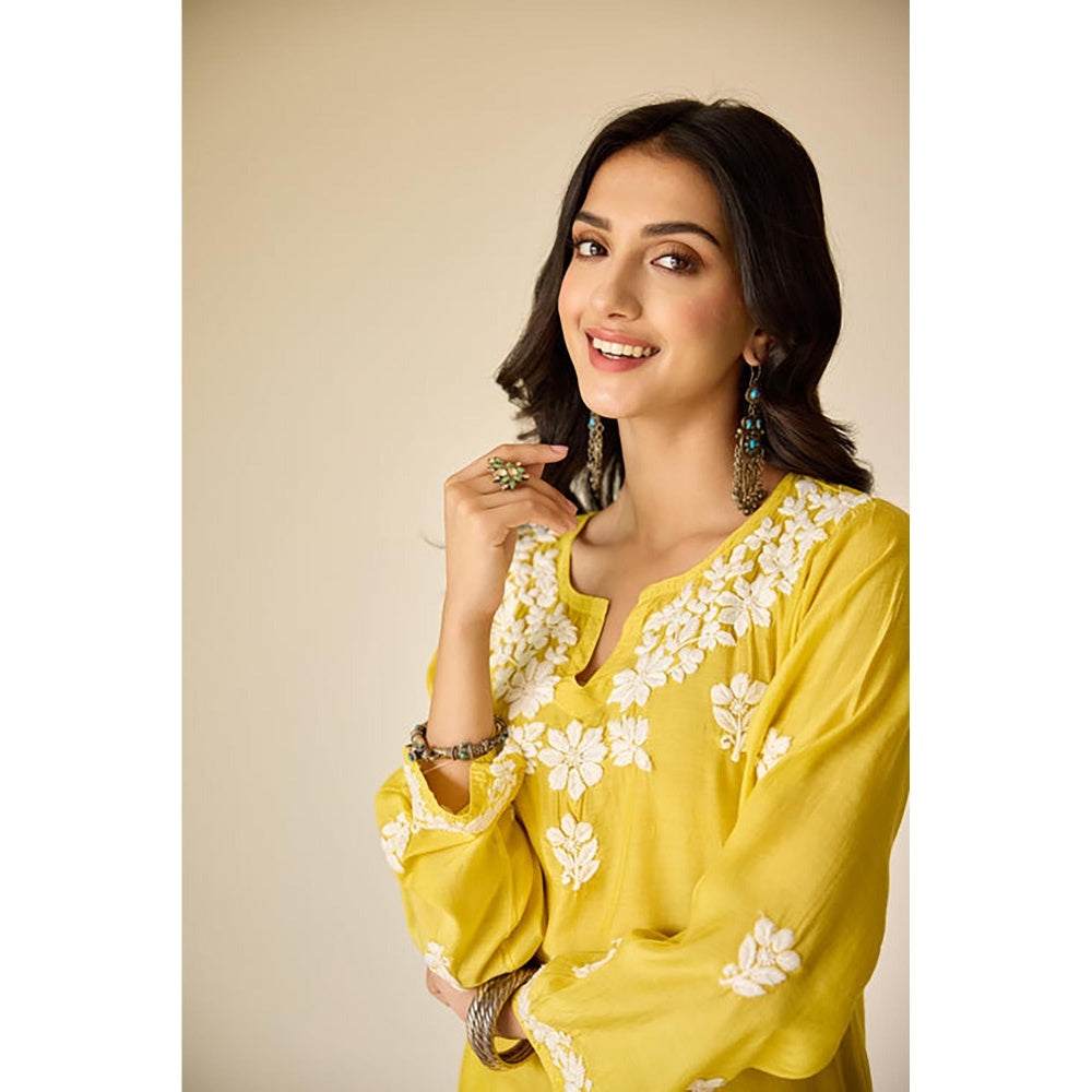 Old Marigold Sofiya Yellow Muslin Hand Embroidered Chikankari Kurta