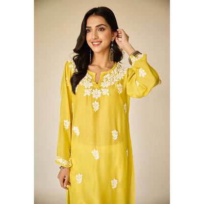 Old Marigold Sofiya Yellow Muslin Hand Embroidered Chikankari Kurta