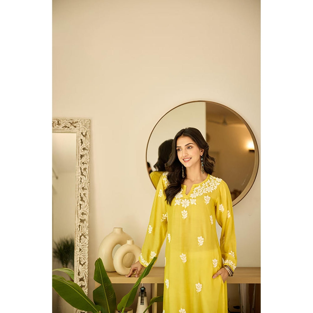 Old Marigold Sofiya Yellow Muslin Hand Embroidered Chikankari Kurta